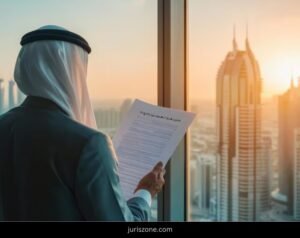 Photo of business consultant reviewing DED license application documents with Dubai skyline background